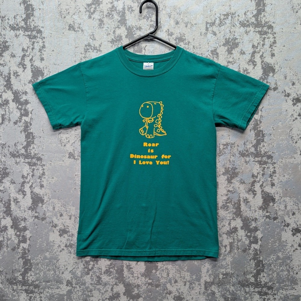 Gildan Ultra Cotton T-Shirt Green Dinosaur‎ Roar I Love You Graphic Tee Size S